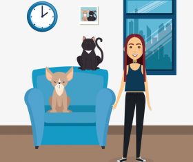 Women and pets in room interior vector material 06