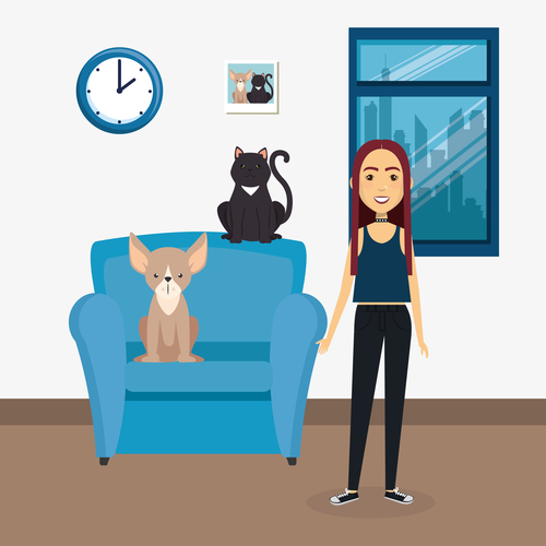 Women and pets in room interior vector material 06
