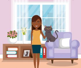 Women and pets in room interior vector material 07