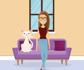 Women and pets in room interior vector material 08