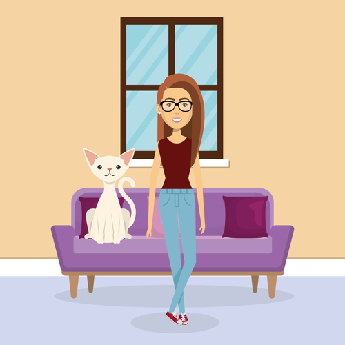Women and pets in room interior vector material 08