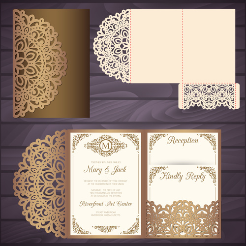 lacework wedding invitation card template vector 05