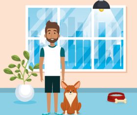 man and pets in room interior vector material 01