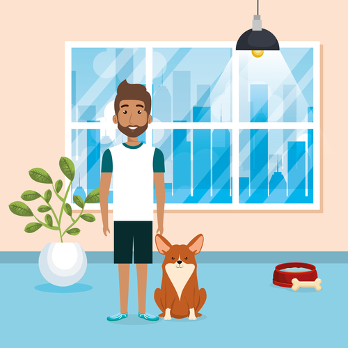 man and pets in room interior vector material 01