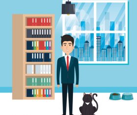 man and pets in room interior vector material 02
