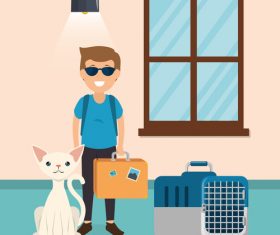 man and pets in room interior vector material 04