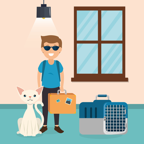 man and pets in room interior vector material 04