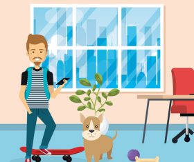 man and pets in room interior vector material 05