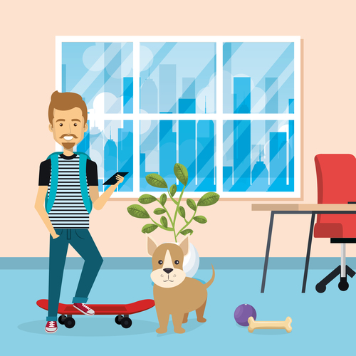 man and pets in room interior vector material 05