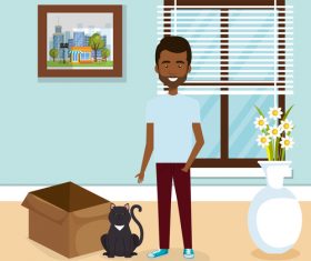 man and pets in room interior vector material 06