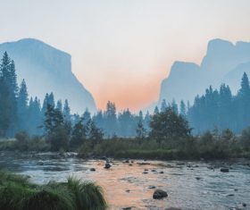 mountain stream scenery at dawn Stock Photo