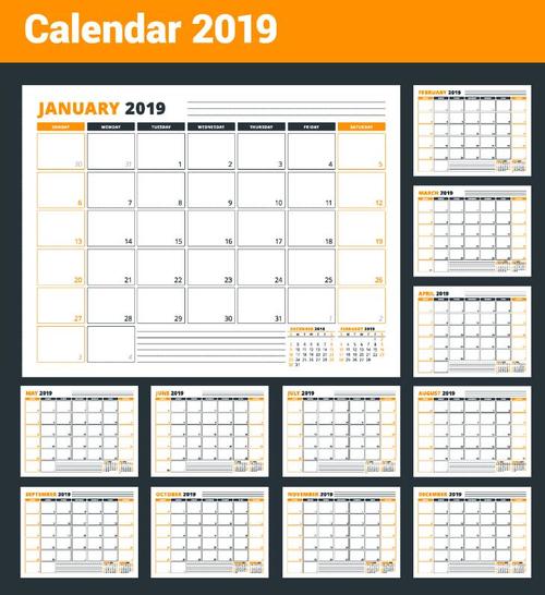 2019 Calendar orange vector template