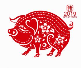 2019 Happy Chinese New Year with Pig paper cutting art vector 01