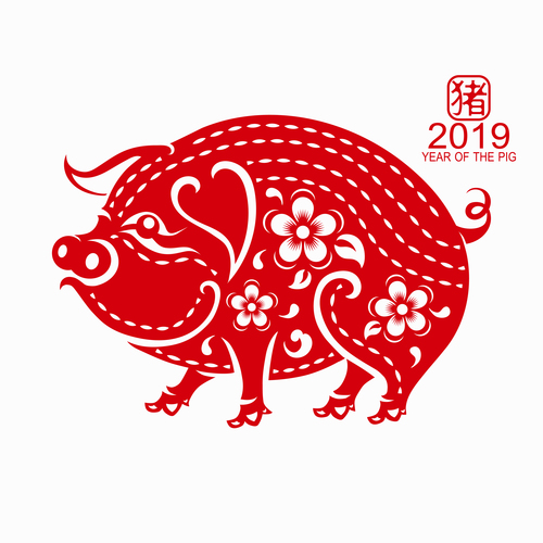 2019 Happy Chinese New Year with Pig paper cutting art vector 01