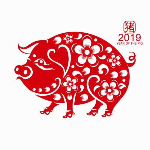 2019 Happy Chinese New Year with Pig paper cutting art vector 02