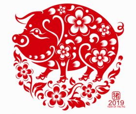 2019 Happy Chinese New Year with Pig paper cutting art vector 06