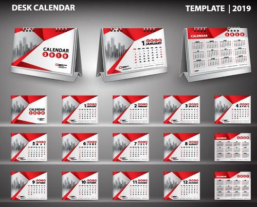 2019 calendar desk template red vector 02