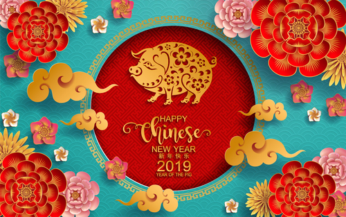 2019 new year of pig year chinese styles design vector 03