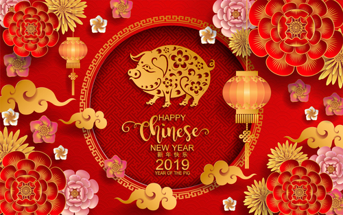 2019 new year of pig year chinese styles design vector 04