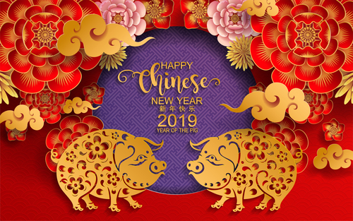 2019 new year of pig year chinese styles design vector 05