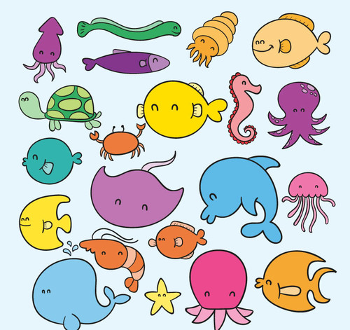 21 cartoon marine creatures vector