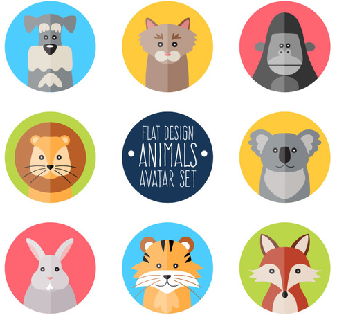 8 flat color animal icons vector
