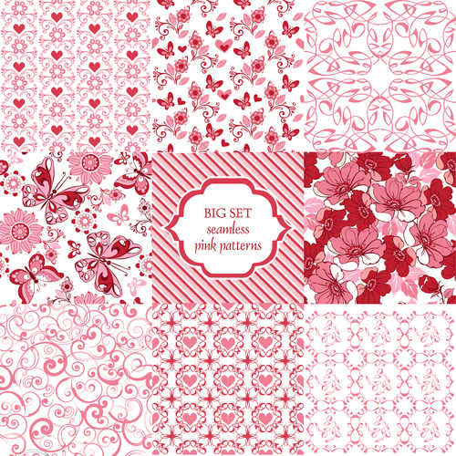 9 Seamless ornament with pink hearts and butterflies vector