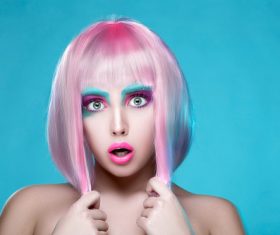 Avant-garde fashion girl shocked expression Stock Photo