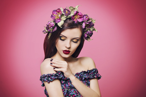 Download Beautiful young woman wearing floral headband Stock Photo ...