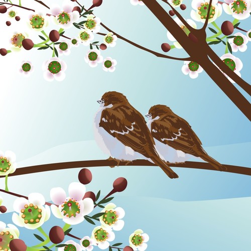 Bird illustration on spring tree vector