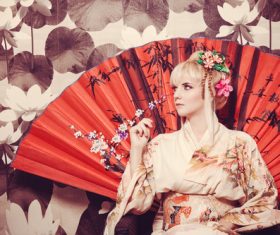 Blonde wearing japanese national costume Stock Photo