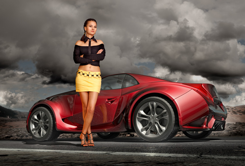 Car show girl with red sports car Stock Photo