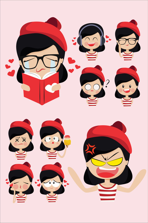 Cartoon girl emoticon pack vector