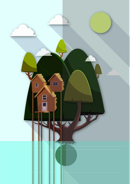 Cartoon house on the tree creative illustration vector