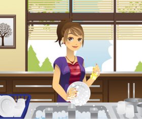 Cartoon housewife washing dishes vector