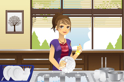 Cartoon housewife washing dishes vector