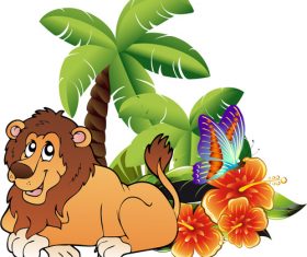 Cartoon lion and plant vector material