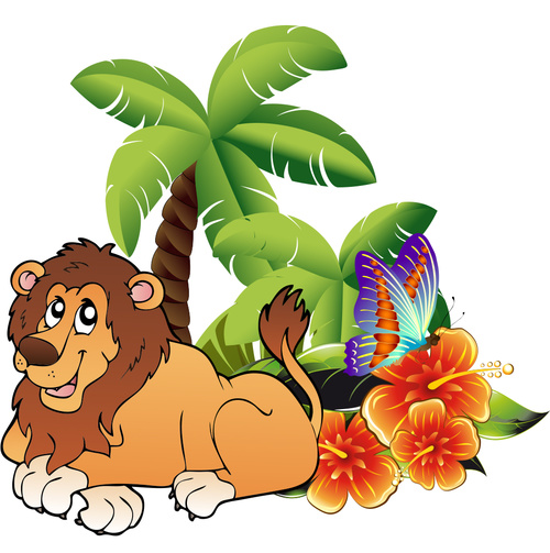 Cartoon lion and plant vector material free download