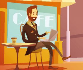 Cartoon man sitting in open air cafe illustration vector