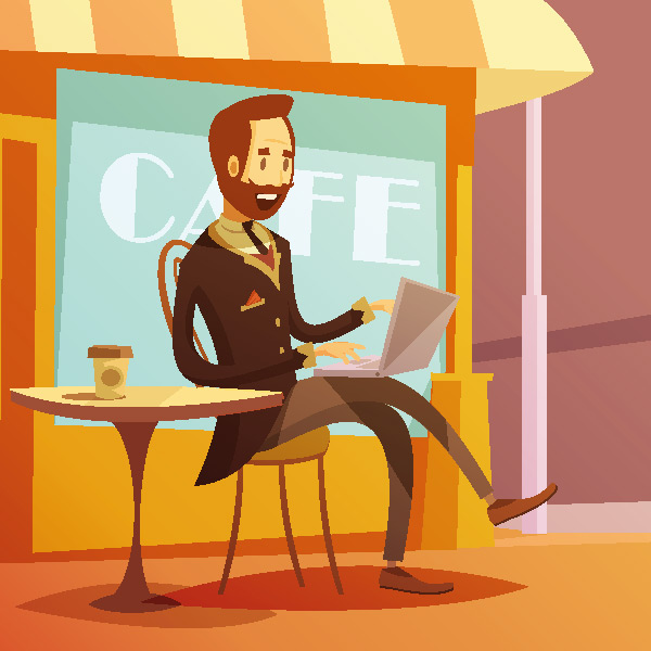 Cartoon man sitting in open air cafe illustration vector