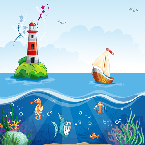Cartoon sea and underwater world vector free download
