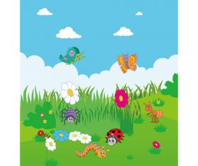 Cartoon spring various insects flowers vector