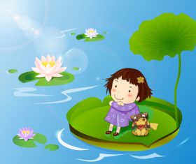Child sitting on lotus leaf vector