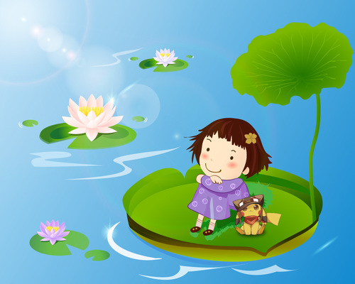 Child sitting on lotus leaf vector