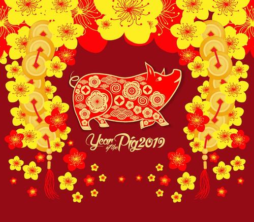 Chinese pig year with 2019 new year design vector 02