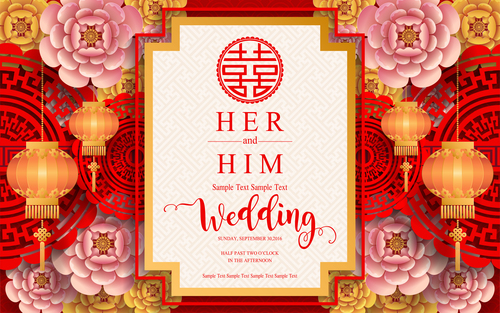Chinese wedding card template vectors 02
