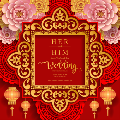 Chinese wedding card template vectors 03