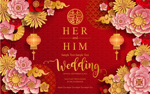 Chinese wedding card template vectors 04