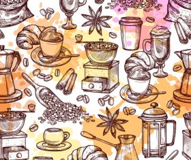 Coffee attributes hand drawn seamless pattrn vector