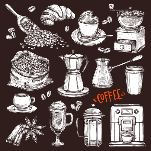 Coffee retor elements hand drawing vector
